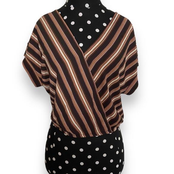 Xhilaration Womens Top Size S Surplice Crop Striped Tie Back Brown Pink Multi‎ - Picture 4 of 9